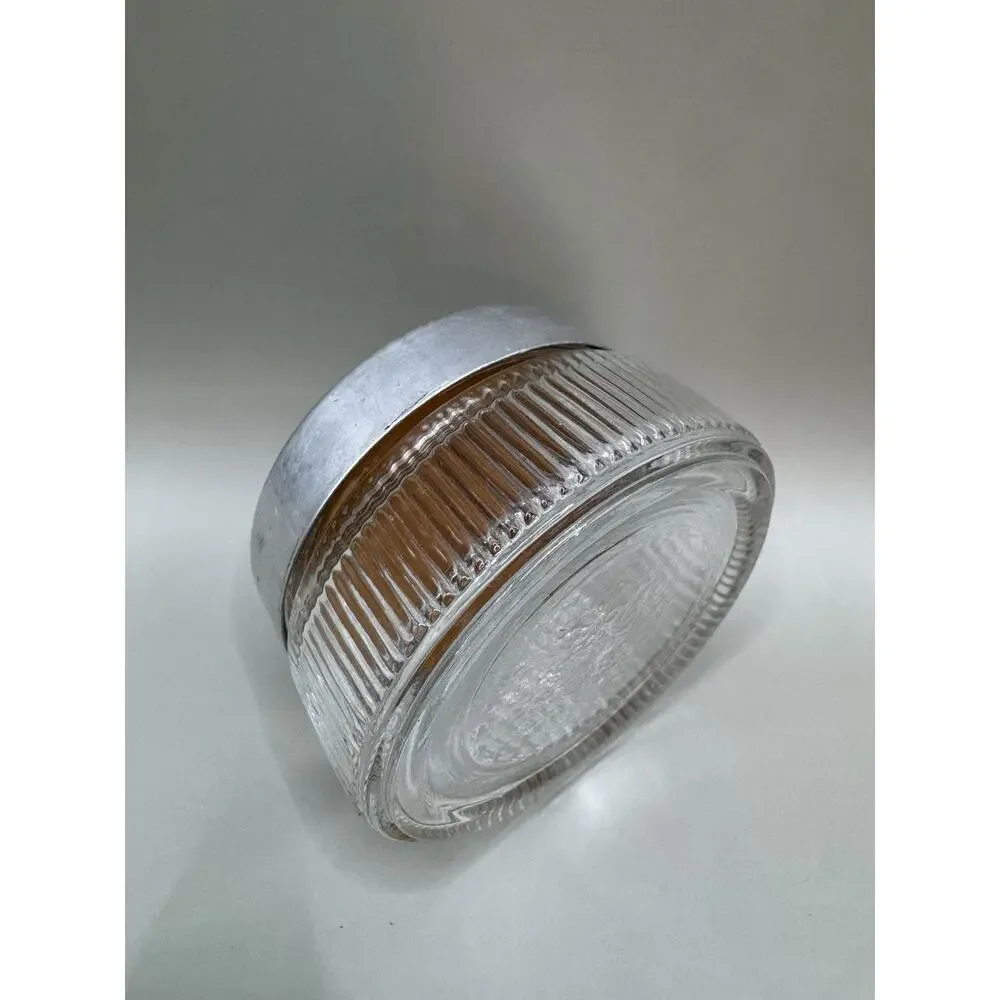 Vintage Vanity Powder Jar Ribbed Glass w/ Floral Metal Lid 1930s-50s